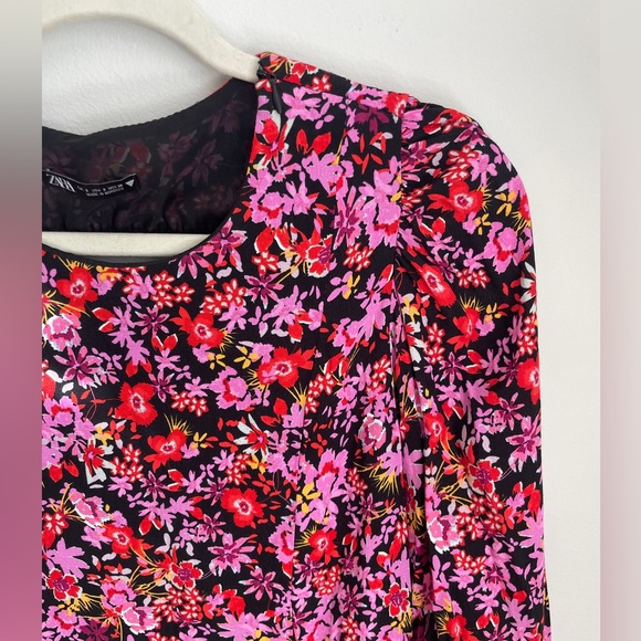 Zara Floral Long Sleeve Mini Dress Pink Red Keyhole Back Women’s Size Small - Picture 3 of 7